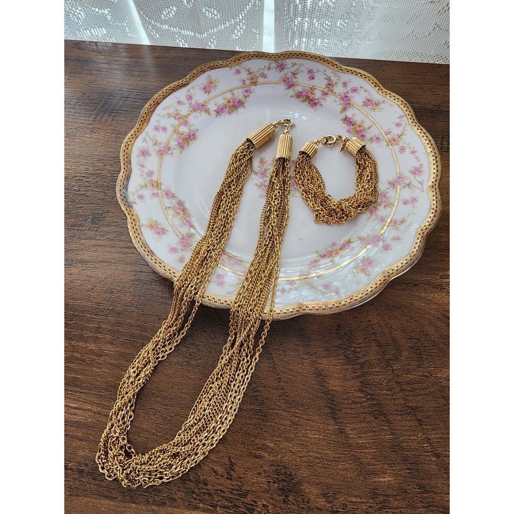 Sarah Coventry Vintage Gold Multi Strand Waterfall Necklace Bracelet Set Bold